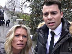 DEBT4k. Pretty redhead stretched by the collector on the couch