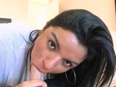 Fun Latina with tan lines is getting a hot load of cum in her mouth