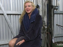 Busty Blonde Defiled in Public. Pretty Hair Used to mop up Oil