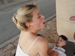 Big booty blonde fucked by two men in a public place