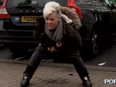 Huge-Titted mature Bree urinating in the public