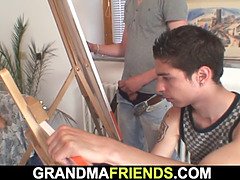 Two young dudes share old skinny granny