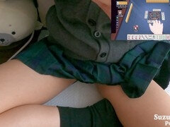 Young Chinese babe in uniform explores kinky pee play