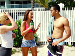 Blonde bombshell with a pierced pussy takes on two dudes for some cash