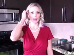 Blonde shoplifter MILF Kenzie Taylor got caught and blackmailed by stepson and performs a handsfree blowjob while wearing handcuffs.