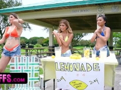 Hot White, Asian & Black Besties Give Lucky Guy Lemonade and a Wild 3-Girl Blowjob