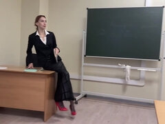Teacher Is Teaching A Lesson At School, But One Of Students Look Only On Her Sexy Shoes And Heels