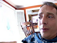 Elektra Rose on her knees and swallows step dads big cock