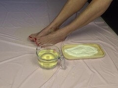 Golden shower session with sole fetish and food play; swallow and lick it all up