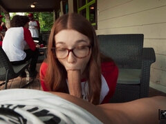 The petite redhead Jessica Marie is only 19 but she is already an insane slut! The babe is outdoors with Johnny Love and she gives a public BJ.