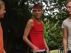 Inked gay ravaged in outdoor gangbang