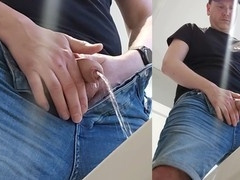 Uncut daddy pees, plays with his ass, and ejaculates.