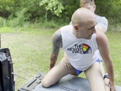 Crimson head pokes spunk super-bitch, outdoor no condom breeding on camper couch