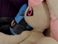 Threesome with Lopunny and Lucario plush toys ends in creampie explosion