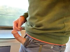 Stroking my rock-hard cock on the train! Cum on my face mask