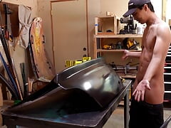 Naked mechanic vlogging and masturbating in the workshop