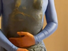 Crossdresser crams leotard with pasta sauce and piss
