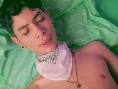 Skinny twink Magic C strokes his huge cock, plays with loads of precum and thick cum