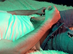 a young warm fellow sees pornography on his smartphone and masturbates off his petite shaft.