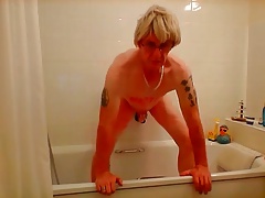 sissy ken rides dildo again in bathroom