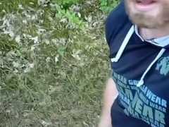 Bulky boy is stroking off and in forrest with spunk