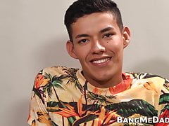 Latino twink Alan cum sprayed after riding raw daddy dick