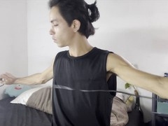 Well-endowed guy trims hair then ends up covered in cum