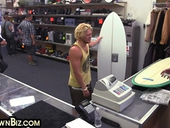 Ash-Blonde queer pawn threesome analed in office of the shop