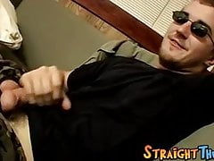 Handsome straight dude strokes his firm cock and cums