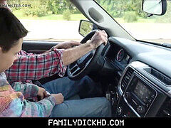 Skinny twink stepson gets pounded by stepdad outdoors during road trip