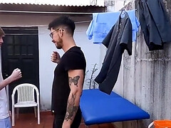 Bending over on the table and getting his ass eaten out