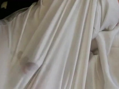 White nylon slip wank & cum 7