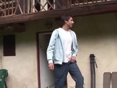 Young man faces two huge dicks outside as he is bare pounded