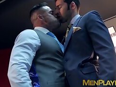 Executive has his hard dick slobbered on and his ass pounded