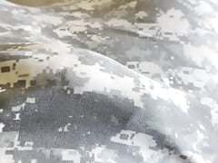 Army solider jerks off in his wrestling singlet shoots cum through it!