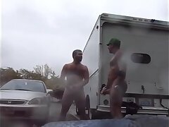 Guys Very Public Rainy Stroking in parking lot