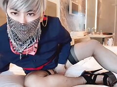 Asian Sissy cum shot in flight attendant costume