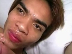 Sweet asian boy cum covered after fucking