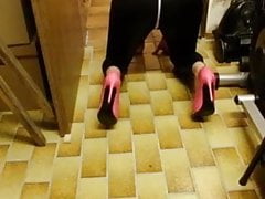Crossdresser cam slave high heels wetlook leggings mouth gag