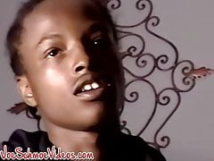 Ebony twink enjoys an amateur blowjob from white fat man