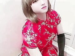 Japanese crossdresser miya masturbate with chinese red dress 8