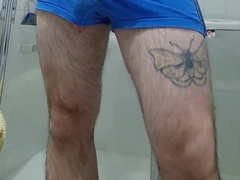 inked unshaved dude blows a load before taking a bathroom