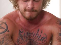 Hunky brunette is laid out by this monster boner