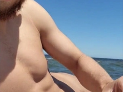 Brainwashed gooner man jerks his weenie on public beach