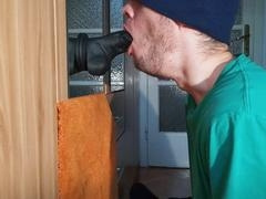 Massive 8-inch dildo goes all the way down the throat and cums