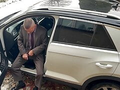 Businessman in socks has Car Sex using dildo toy