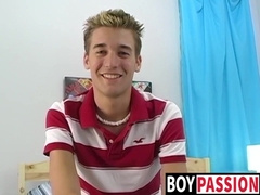 Petite gay Devin Becker plays with dildo while jerking off