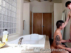 HD GayRoom - Casey gets a shower of jism after sharing a tub