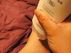 Lotion and socks on my feet on here