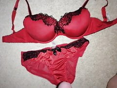 Cum on Red Satin Panties and Bra set 30DD